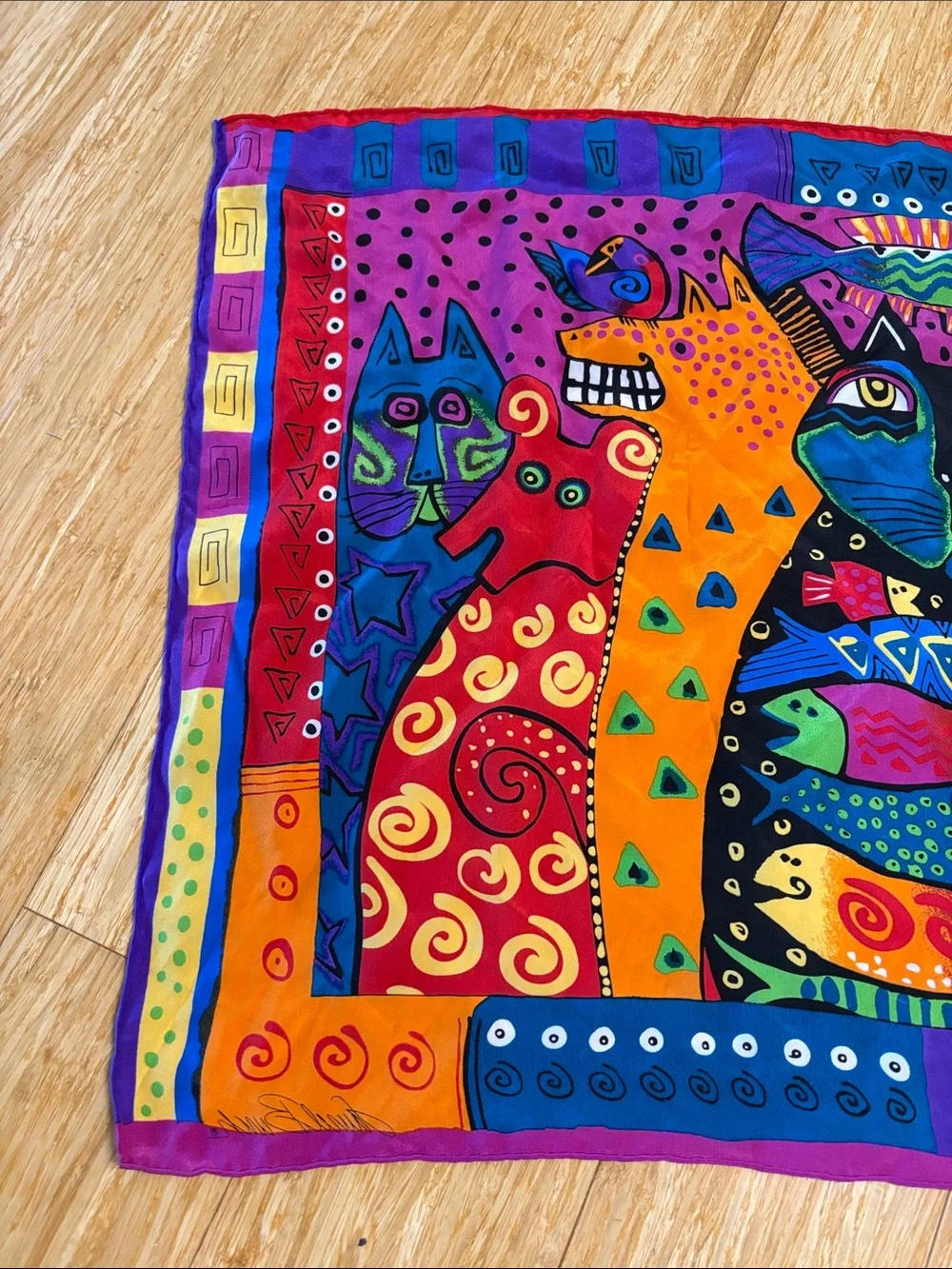 Vintage Laurel Burch Colorful Cat Fish Square Silk Scarf cat lover 90s artsy
